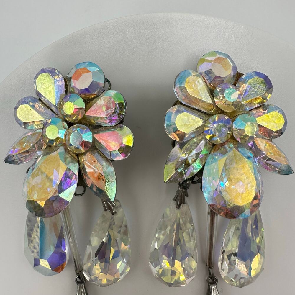 Eva K. silver tone AB aurora borealis glass rhinestones dangle clip on earrings - Picture 3 of 8
